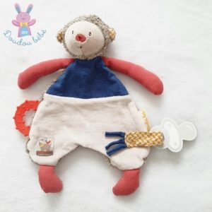 Doudou plat Singe Les Papoum bleu beige rouge MOULIN ROTY