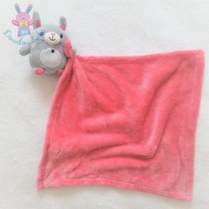 Doudou Lapin gris rayé couverture mouchoir rose fuchsia NICOTOY