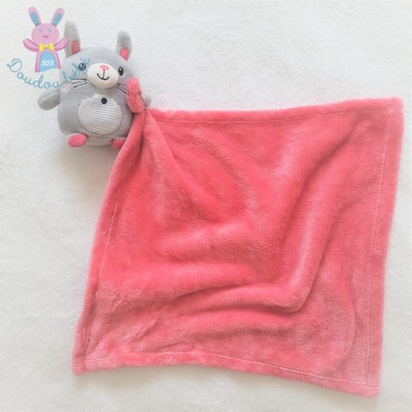 Doudou Lapin gris rayé couverture mouchoir rose fuchsia NICOTOY