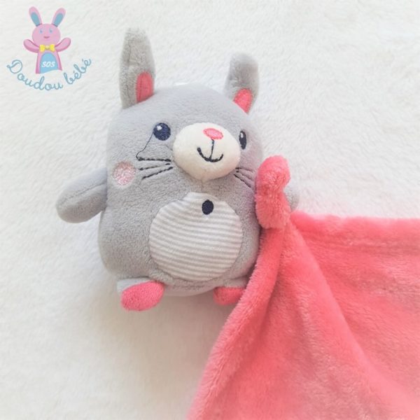 Doudou Lapin gris rayé couverture mouchoir rose fuchsia NICOTOY