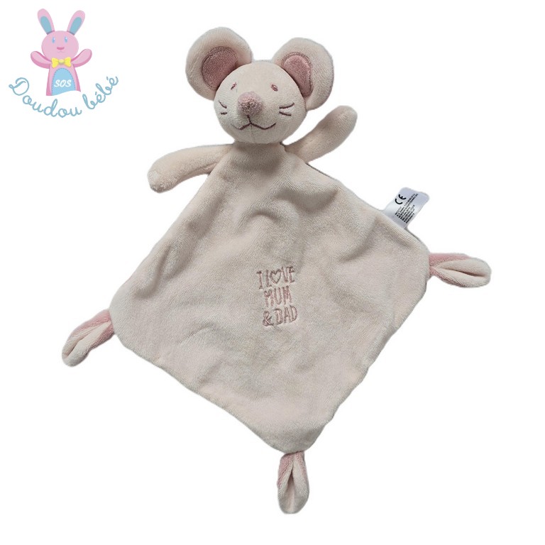 Doudou plat Souris rose "I love Mum & Dad" NICOTOY SIMBA