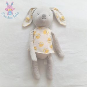 Doudou Lapin gris blanc et blanc robe pommes jaune OBAIBI