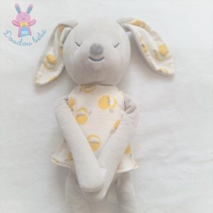 Doudou Lapin gris blanc et blanc robe pommes jaune OBAIBI