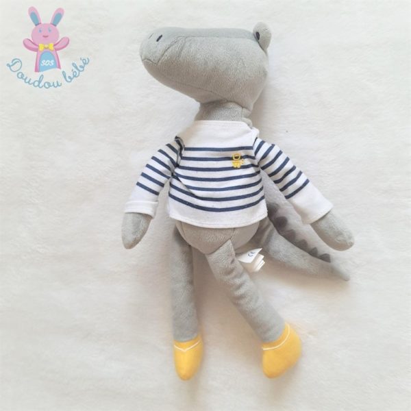 Doudou Crocodile gris jaune pull marin rayé OBAIBI OKAIDI