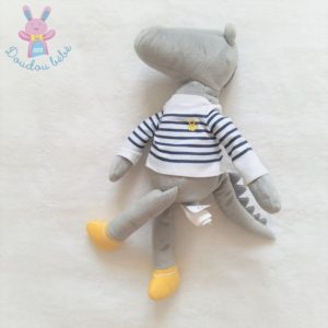 Doudou Crocodile gris jaune pull marin rayé OBAIBI OKAIDI