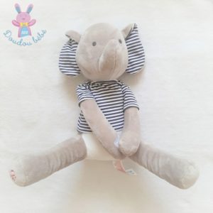 Doudou éléphant gris blanc oreilles t-shirt rayé bleu OBAIBI OKAIDI