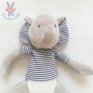 Doudou éléphant gris blanc oreilles t-shirt rayé bleu OBAIBI OKAIDI