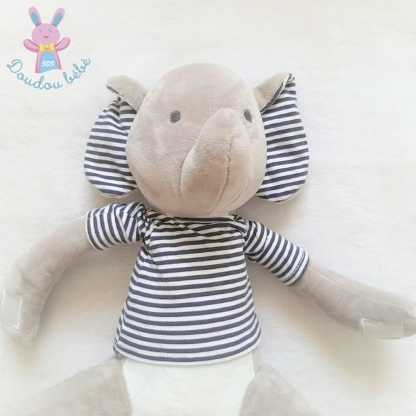 Doudou éléphant gris blanc oreilles t-shirt rayé bleu OBAIBI OKAIDI