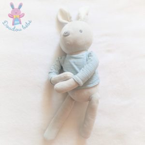 Doudou Lapin gris pull bleu rayé blanc OBAIBI OKAIDI