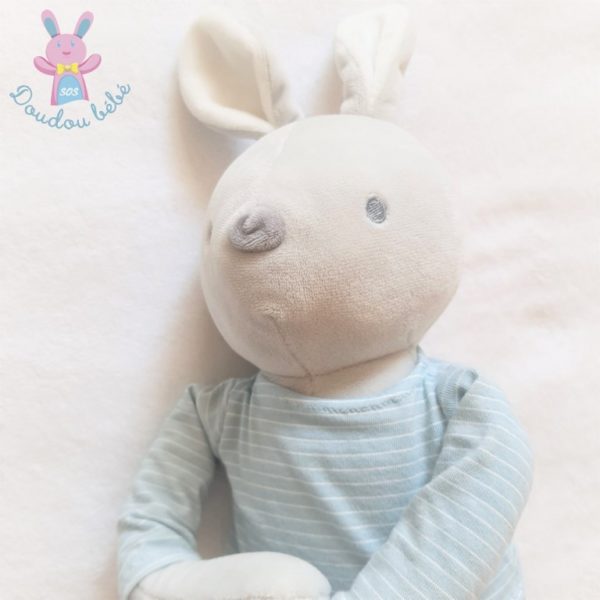 Doudou Lapin gris pull bleu rayé blanc OBAIBI OKAIDI