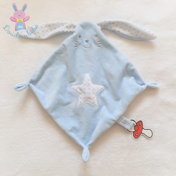 Doudou plat Lapin bleu blanc étoiles attache tétine TEX CARREFOUR