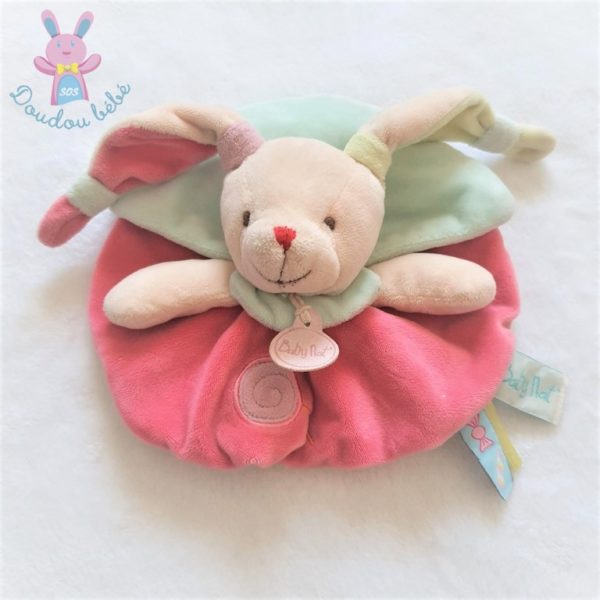 Doudou plat Lapin gourmandise beige rose cape bleu BABY NAT