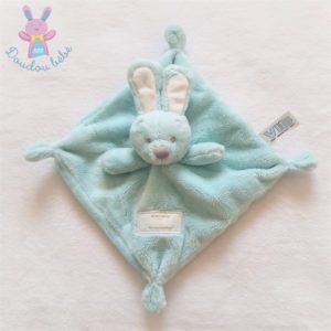 Doudou plat Lapin bleu-vert blanc gris Very Important Baby VIB