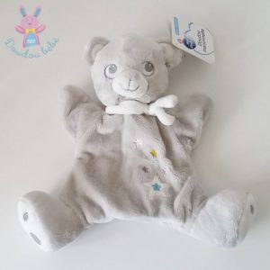 Doudou Ours marionnette gris blanc étoiles MOTS D’ENFANTS