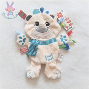 Doudou plat Ours blanc bleu étiquettes LABEL LABEL