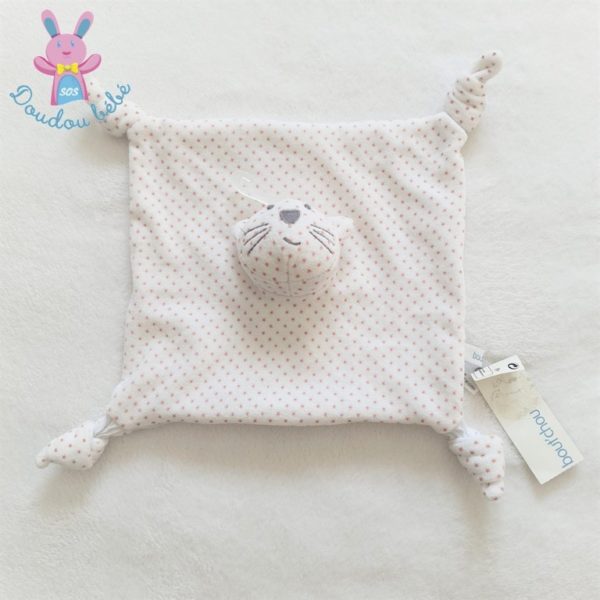 Doudou plat Chat blanc gris rose étoiles BOUT'CHOU MONOPRIX