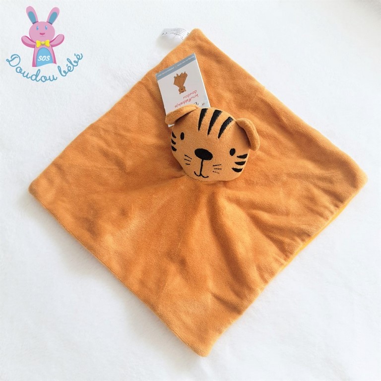 sos doudou lion Toodo carré plat orange et jaune empreinte