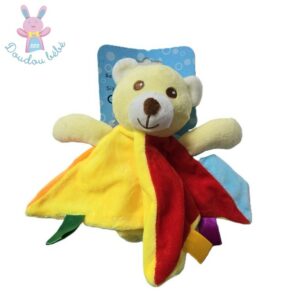 Doudou plat Ours rouge jaune orange bleu liens satinés NANJING