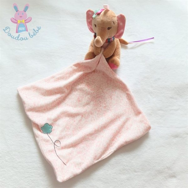 Doudou éléphant marron beige mouchoir rose blanc fleur DINIPAI