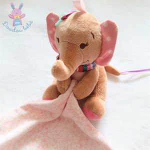 Doudou éléphant marron beige mouchoir rose blanc fleur DINIPAI