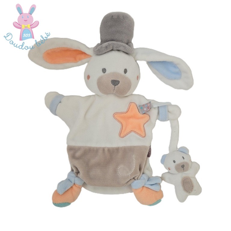 Doudou Lapin marionnette Charleston blanc beige orange Bébé 9