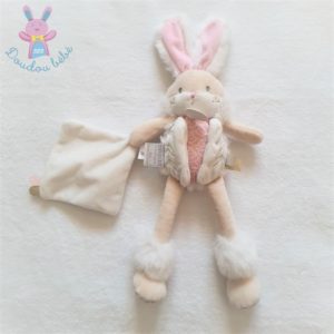 Doudou Lapin de sucre beige rose blanc avec mouchoir DOUDOU ET COMPAGNIE