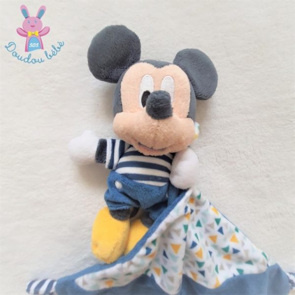 Doudou Mickey bleu blanc rayé mouchoir triangles colorés DISNEY