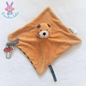 sos doudou lion Toodo carré plat orange et jaune empreinte