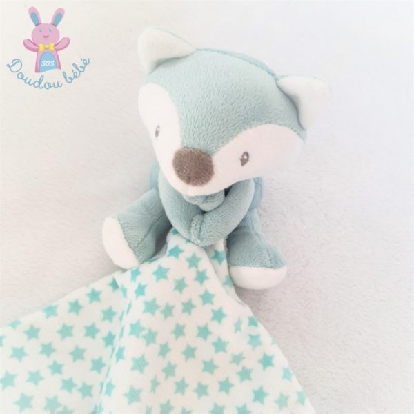 Doudou Renard bleu-vert blanc mouchoir motif étoiles NICOTOY