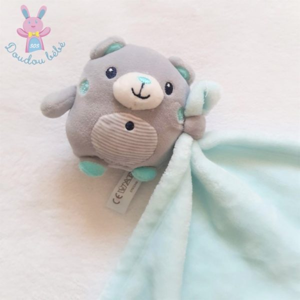 Doudou Ours gris rayé couverture polaire bleu NICOTOY SIMBA