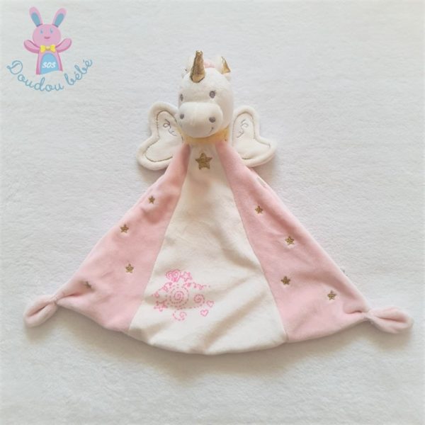 Doudou plat Licorne rose blanc NICOTOY