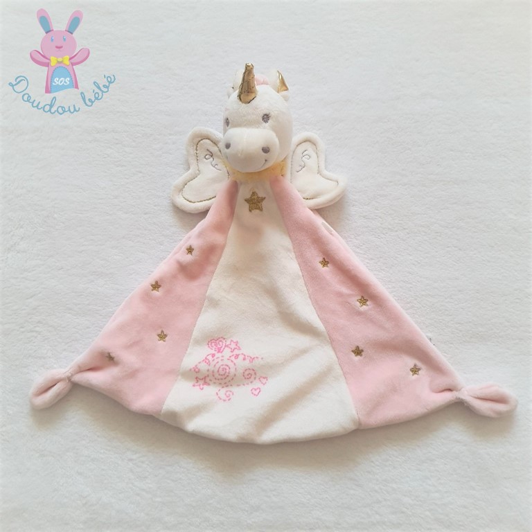 Doudou plat Licorne rose blanc dor brod toiles NICOTOY