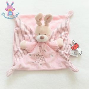 Doudou plat Lapin rose rayé étoiles attache tétine SIMBA