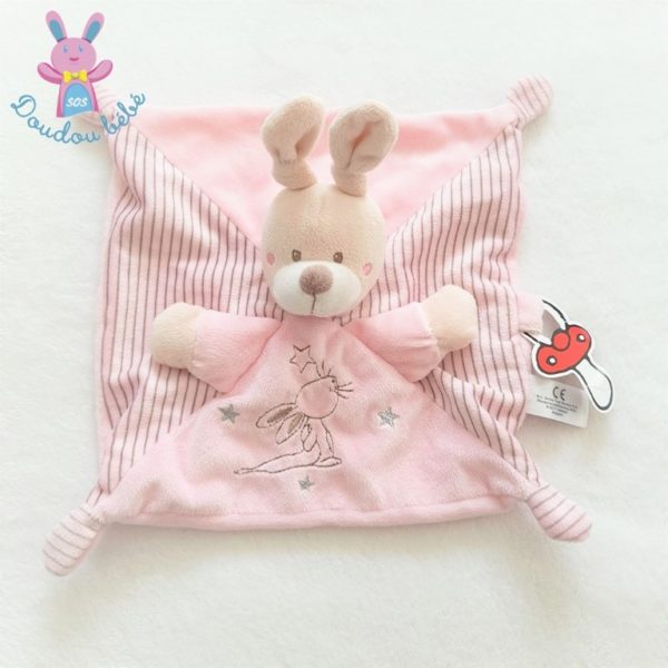 Doudou plat Lapin rose attache tétine SIMBA