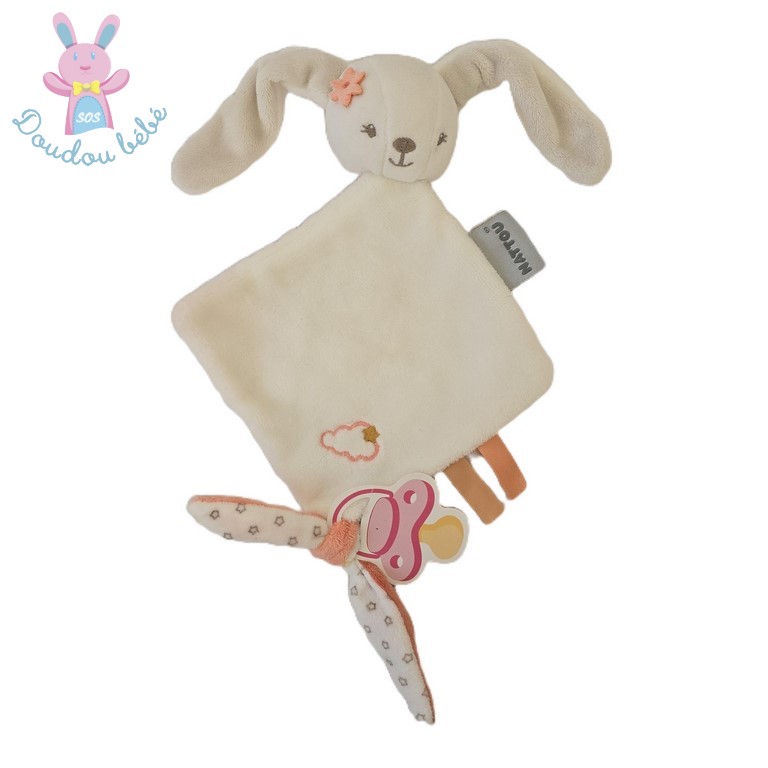 Doudou plat Lapin Mia et Basile blanc orange étoiles NATTOU
