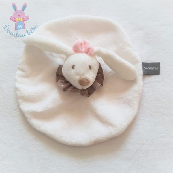 Doudou plat Lapin rond blanc rose collerette marron ORCHESTRA