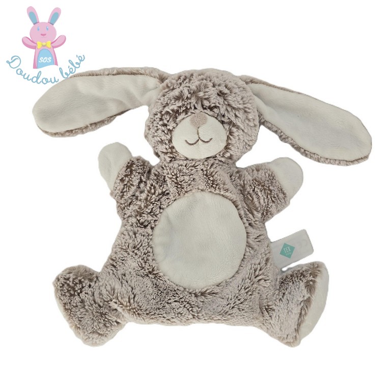 Doudou Lapin marionnette blanc et beige chiné TEX BABY
