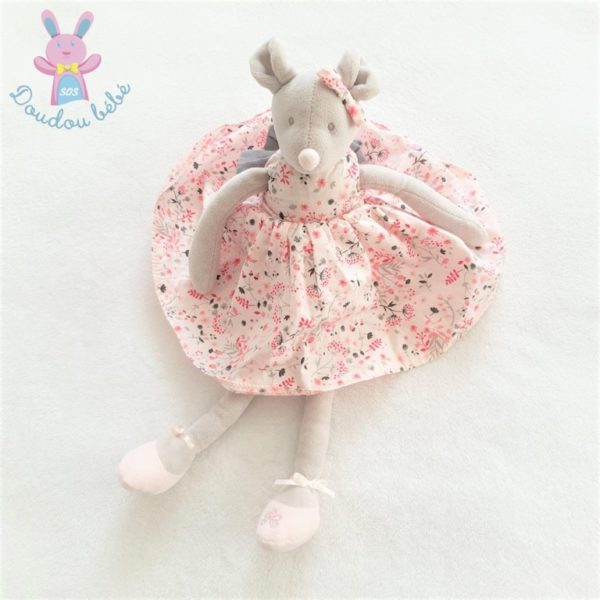 Doudou Souris grise robe rose nœud TARTINE ET CHOCOLAT