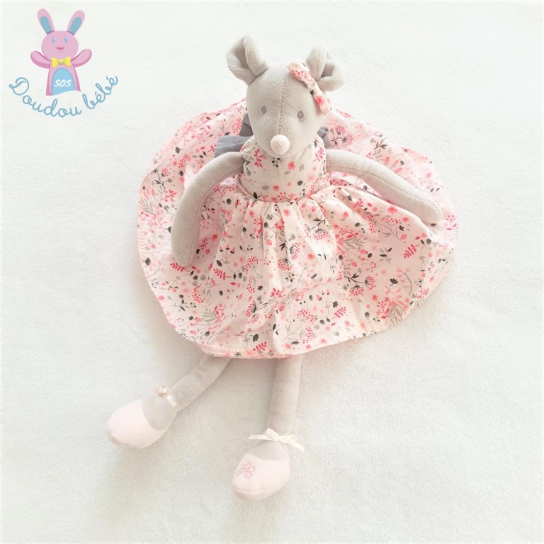 Doudou Souris grise robe rose fleurs nœud TARTINE ET CHOCOLAT