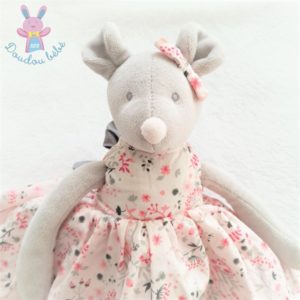 Doudou Souris grise robe rose fleurs nœud TARTINE ET CHOCOLAT