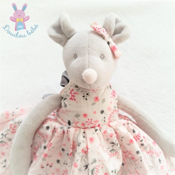 Doudou Souris grise robe rose nœud TARTINE ET CHOCOLAT