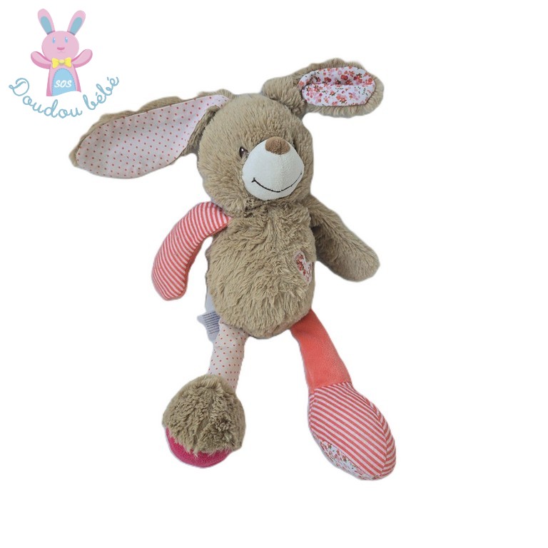 Doudou Lapin beige saumon rayé cœurs fleurs TAPE A L'OEIL TAO