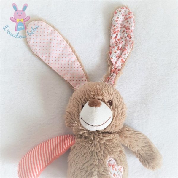 Doudou Lapin beige saumon rayé cœurs fleurs TAPE A L'OEIL TAO