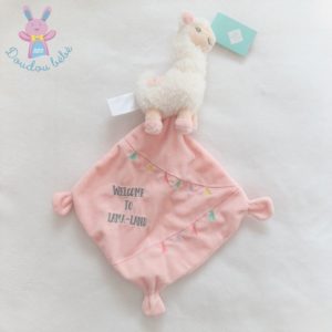 Doudou Lama blanc mouchoir rose « Welcome to lama-land » TEX BABY