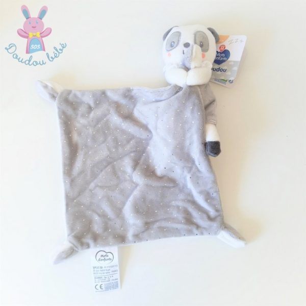Doudou Panda gris blanc mouchoir à pois argentés MOTS D'ENFANTS