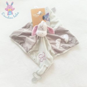 Doudou plat Ane Bourriquet gris rose papillon attache tétine DISNEY