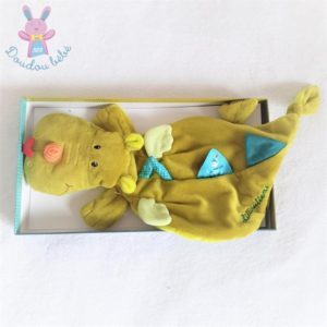 Doudou plat Dragon Walter marionnette vert bleu LILLIPUTIENS