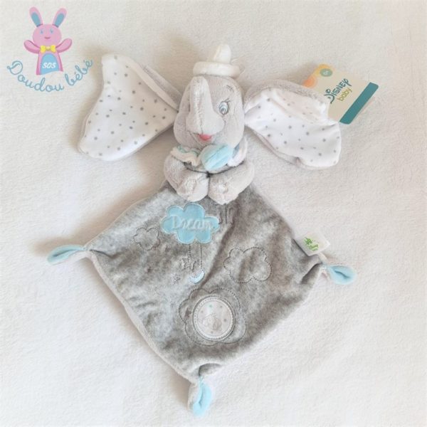 Doudou plat éléphant Dumbo gris blanc DISNEY