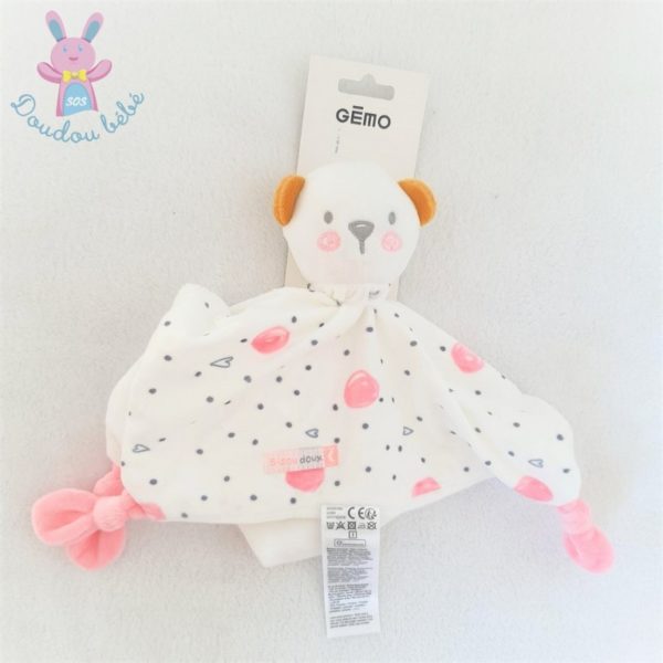 Doudou plat Ours blanc rose pois cœurs "bisou doux" Gémo