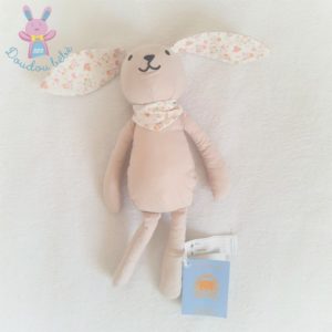 Doudou Lapin tissu beige blanc motif fleurs BOUT’CHOU